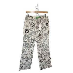 Tibi Size 8 Black White Brown‎ Floral Abstract Statement Wide Leg Ankle Pants
